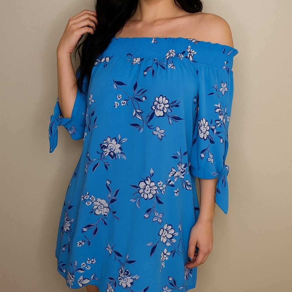 City Studio Off shoulder Blue Mini Light Floral Dress XS
